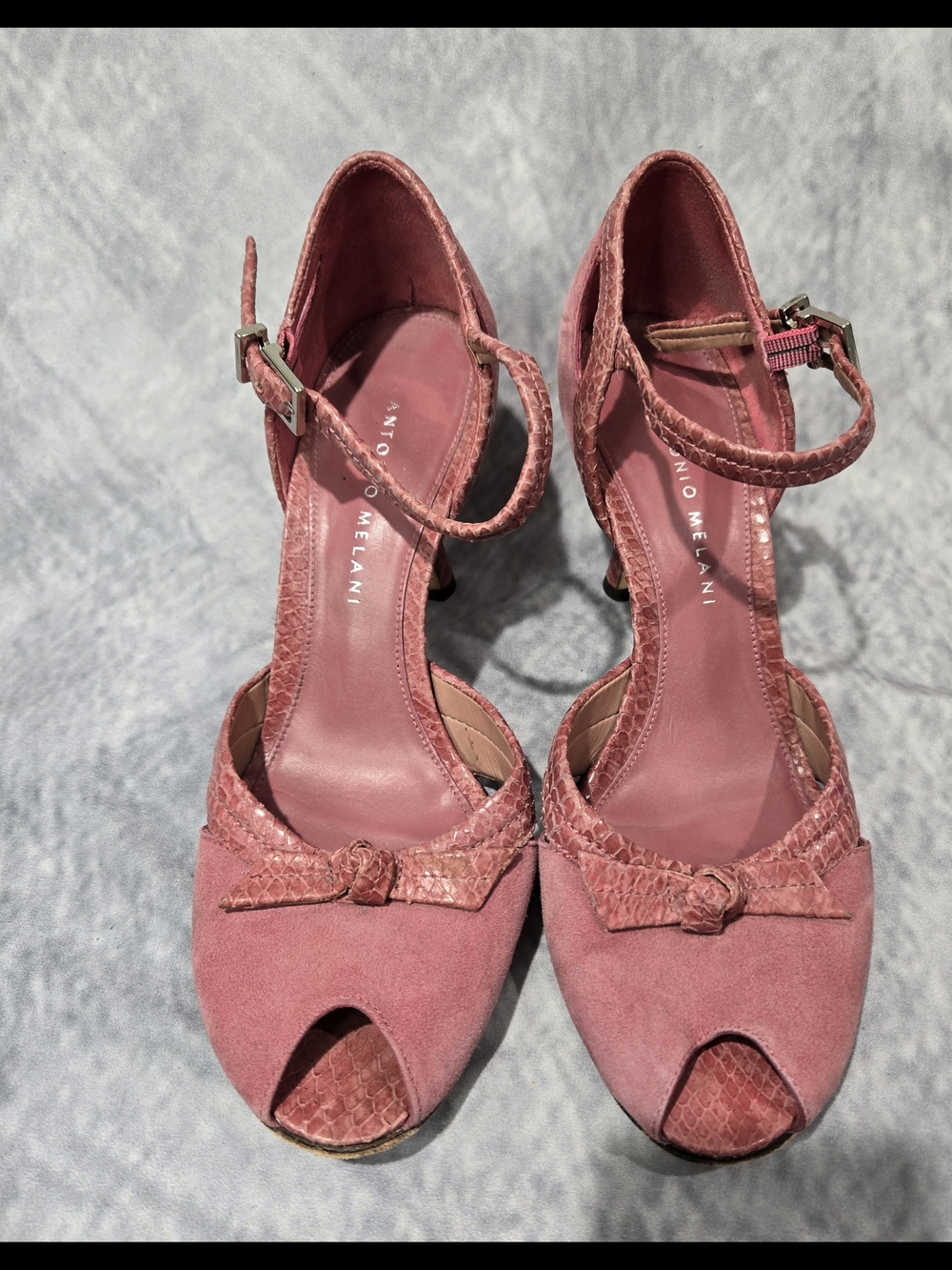 Antonio Melani Dusty Rose suede heels featuring a distinctive faux snake